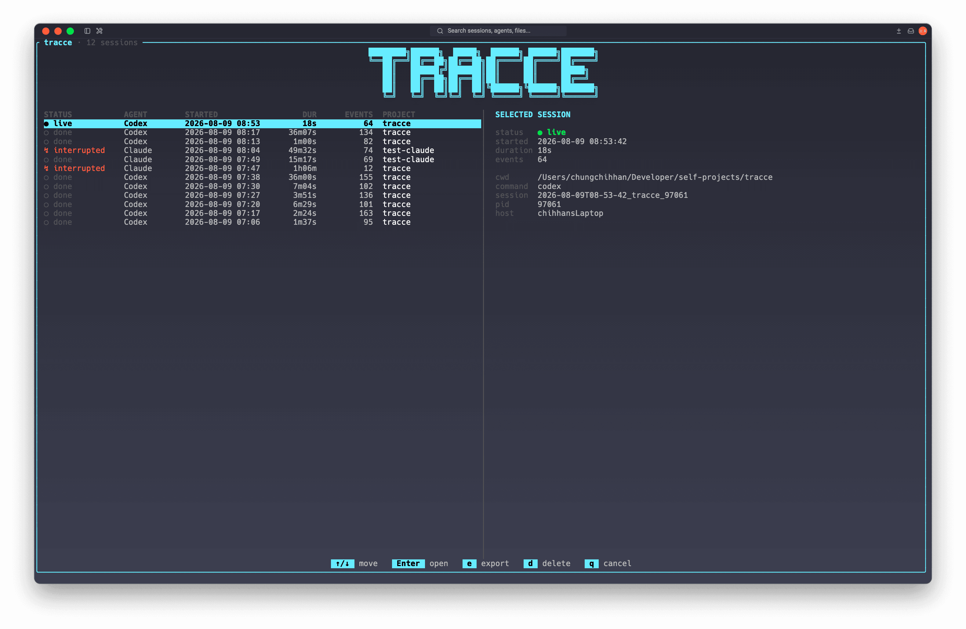 tracce terminal dashboard showing process tree, file activity, commands, network connections, and events per second